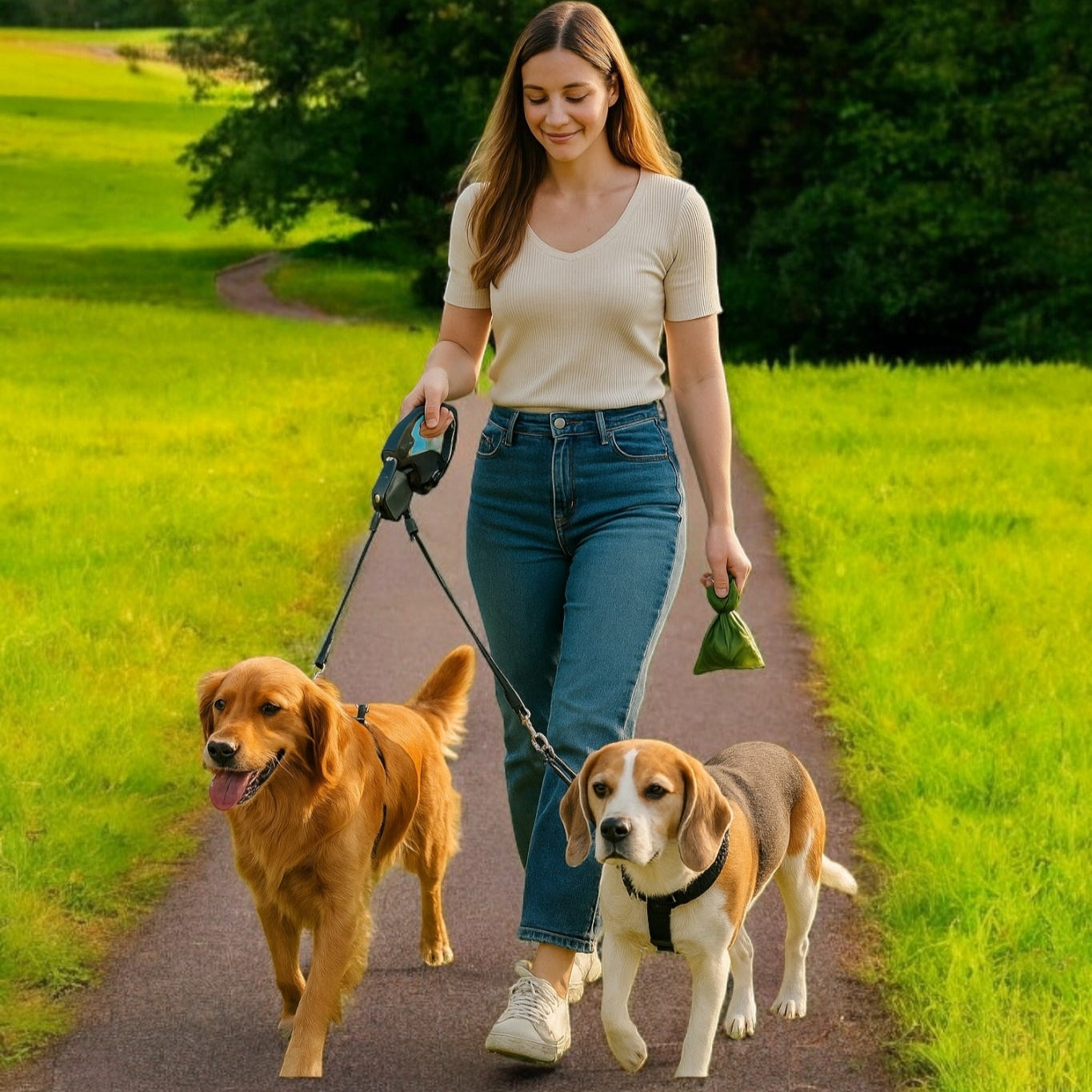 El Pack Paseo Perfecto – Correa Doble con Luz + Bolsas BIO Gratis
